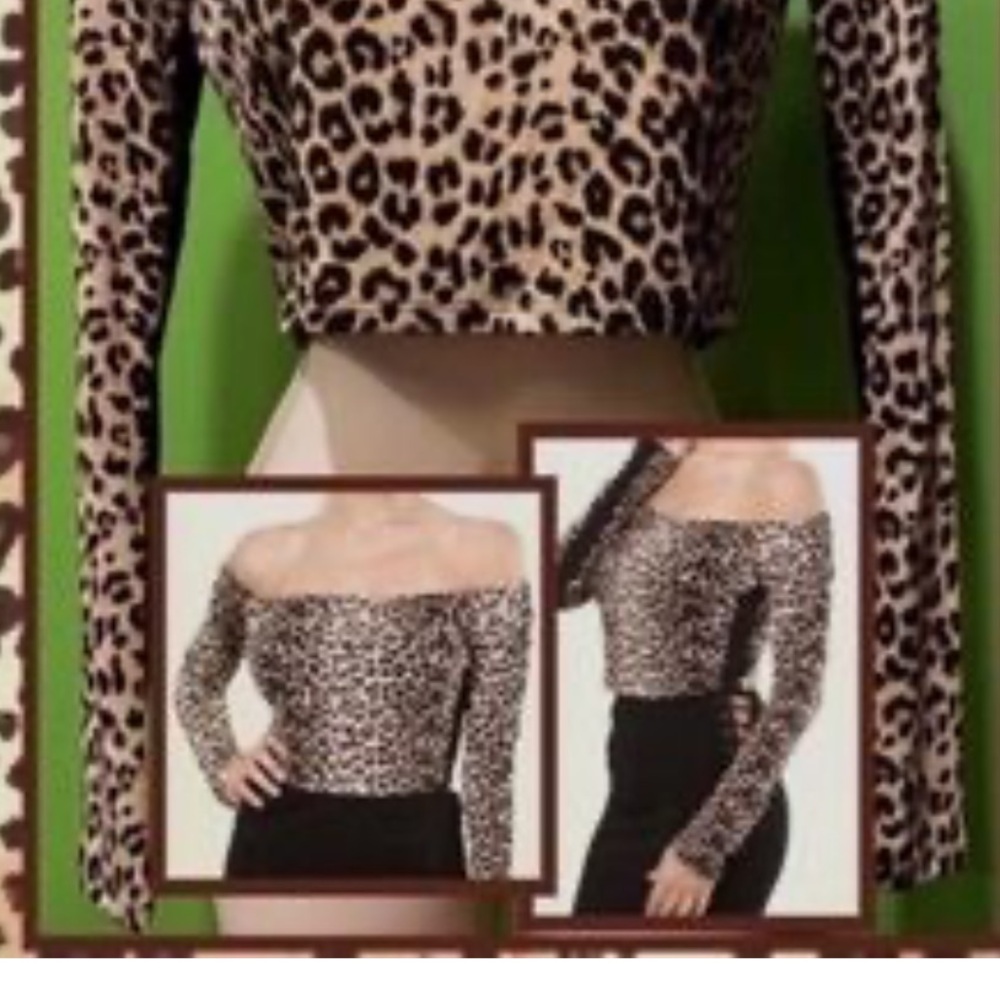 Black Bead Off The Shoulder Leopard Print Long Sleeve Women's Crop Top NWOT - M - Picture 5 of 5